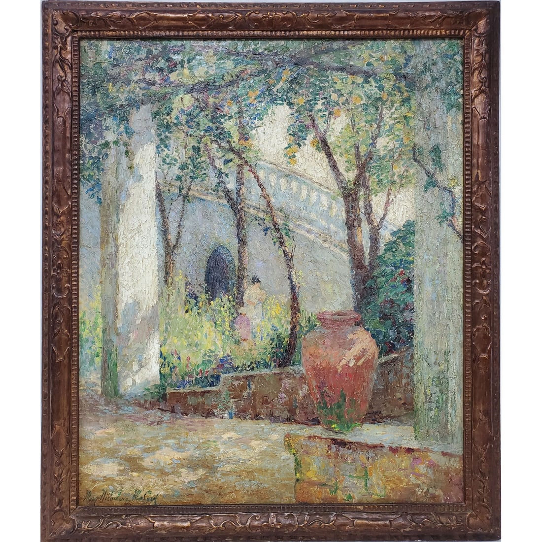 Mary Nicholena MacCord, American (1864-1955) Oil: Mary Nicholena MacCord, American (1864-1955) Large Painting Oil on Canvas "Pergola at Cocumella, Italy". Signed Lower Left. Comes w/ a Folder Full of Various Papers w/ Description Which Were Once Affi