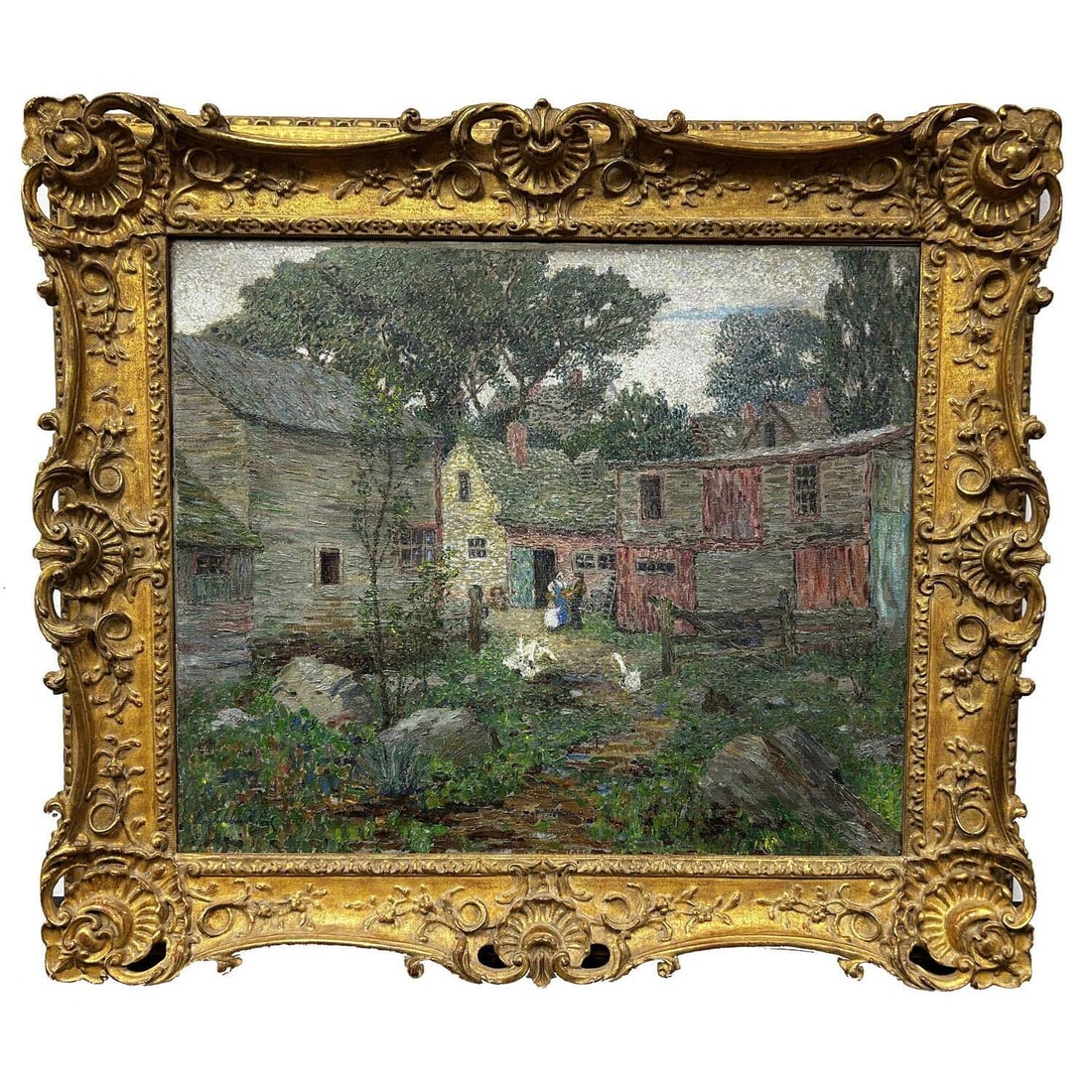 Mary Nicholena MacCord, American (1864-1955): Mary Nicholena MacCord, American (1864-1955) Large Exceptional Impressionistic Painting Oil on Canvas. "Village Garden". Signed Lower Left. Beautifully Framed. Condition: Excellent. Dimensions: Sight-