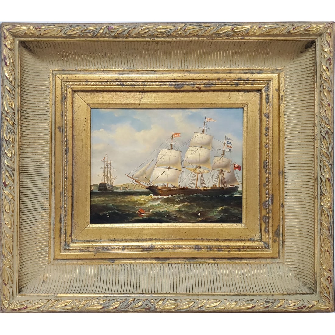 David Tayler, British (20th C.) Oil Painting: David Tayler, British (20th C.) Painting Oil on Masonite "British Ship at Sea". Signed Lower Right. In Original Frame. Condition: Generally Very Good. Dimensions: Sight-9.25" x 7.25". Frame-19.5" x 17