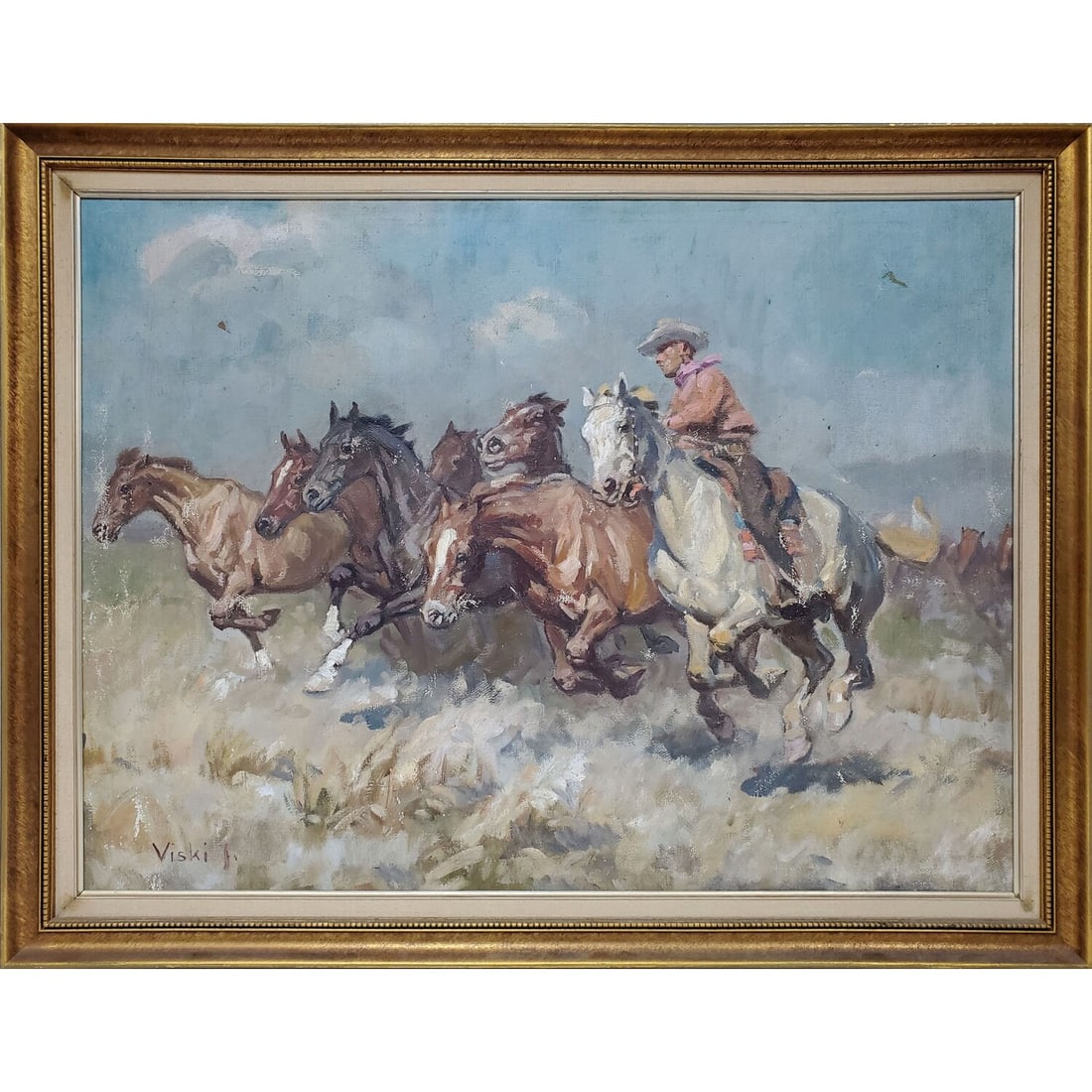 Janos Viski, Hungarian (1891-1961) Signed Painting: Janos Viski, Hungarian (1891-1961) Signed Painting Oil on Canvas "Cowboy & Horses". Signed Lower Left. In Original Frame. Condition: Generally Good w/ Minor Paint Loss. Dimensions: Sight: 30.5" x 23".