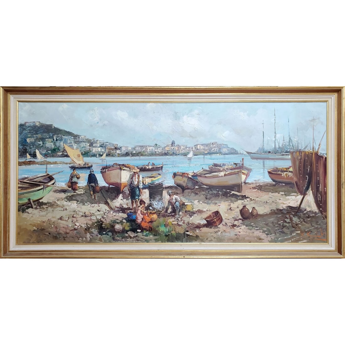 Giovanni Guidotti, Italian (20th C.) Painting: Giovanni Guidotti, Italian (20th C.) Painting Acrylic on Canvas "Coastal Scene". Signed Lower Right. In Original Frame. Condition: Generally Very Good. Dimensions: Sight-58" x 27.5". Frame-62" x 31.5"