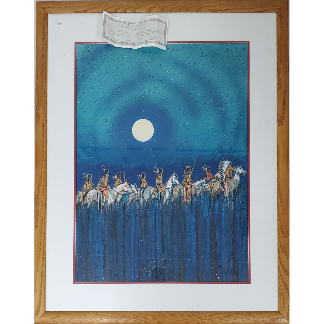 Kevin Red Star, Native American (b.1943) Litho: Kevin Red Star, Native American (b.1943) Lithograph "Full Moon Rider's" Signed Lower Right & Dated 1986. Numbered 49/275 on Lower Left. Comes w/ Certificate of Authenticity. Framed Under Glass. Has No