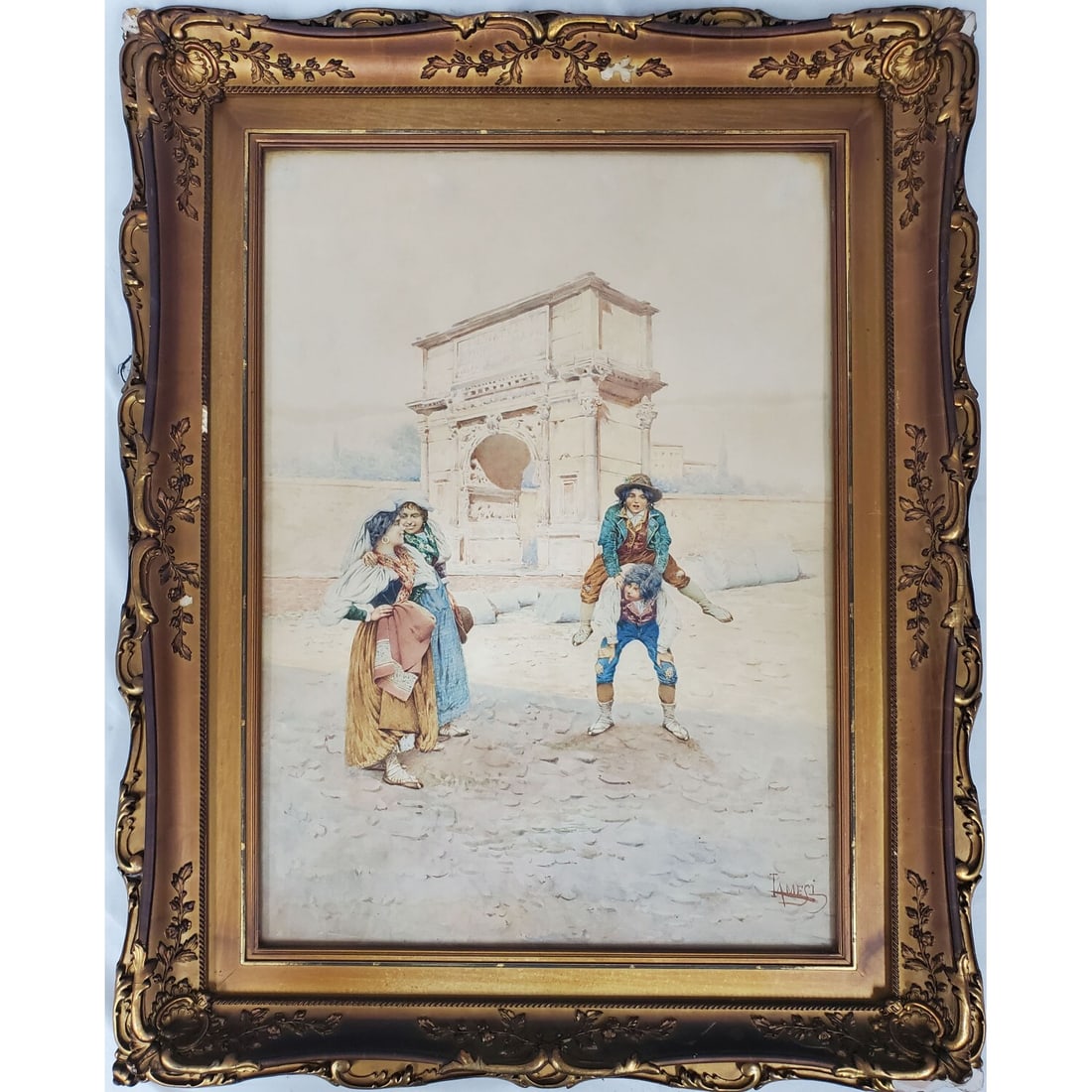 Signed Tamesi" Antique Italian Painting Watercolor: Signed Tamesi" Antique Italian Painting Watercolor on Paper "Kids Playing" Signed Lower Right in Original Frame Under Glass. Condition: Generally Very Good. Framed Under Glass. Has Not Been Examined O