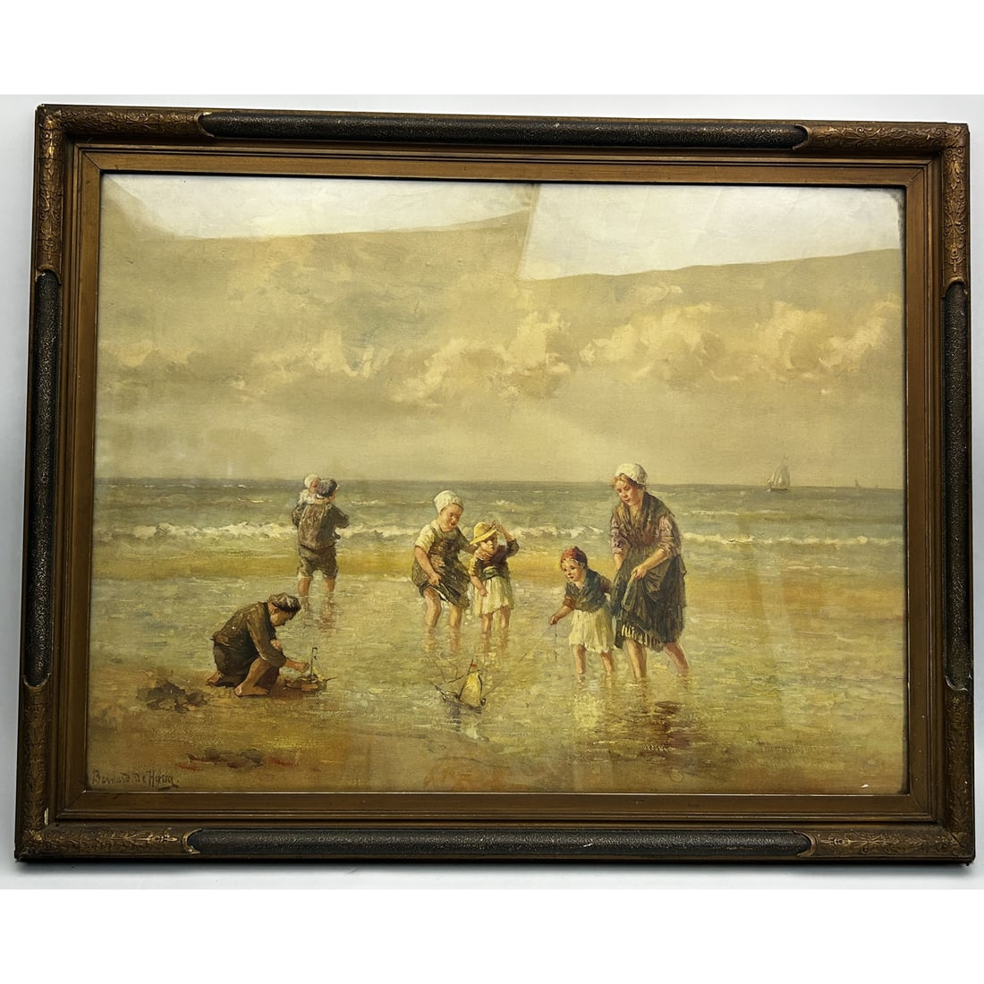 Bernard Johan De Hoog (Dutch, 1867-1943) Painting: Bernard Johan De Hoog (Dutch, 1867-1943) Painting Watercolor on Paper "Children Playing on The Beach"Signed Lower Left in Original Frame Under Glass. Condition: Generally Very Good. Framed Under Glass