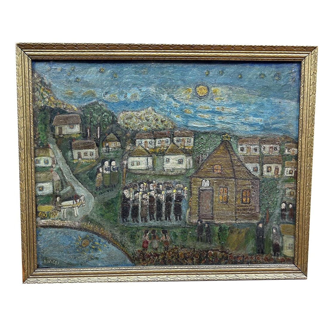 Antique Judaica Painting Signed "B. Wolff": Antique Judaica Painting Signed "B. Wolff" Oil on Board "The Village Synagogue" Signed Lower Left. In Original Frame. Condition: Generally Good. As Found. Dimensions: Sight- W- 28" x H- 22" Frame- W- 
