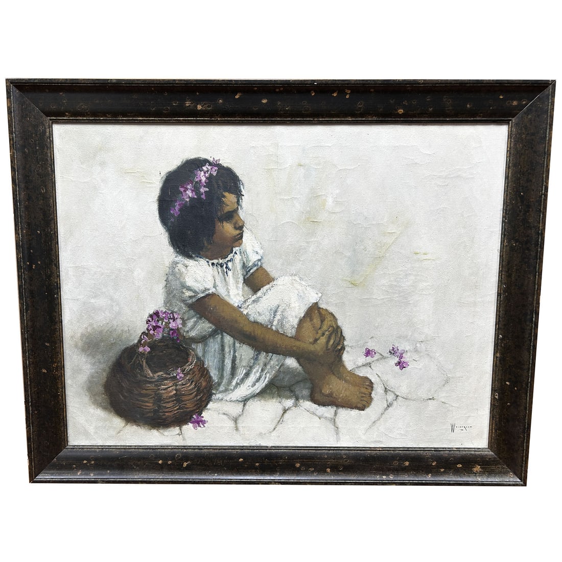 William Weintraub (American ,1926-1991) Painting: William Weintraub (American ,1926-1991) Large Painting Oil on Canvas "Seated Girl With Flowers" Signed Lower Right & Dated 63. Beautifully Framed. Condition: Generally Good w/ Heavy Craquelure. Dimens