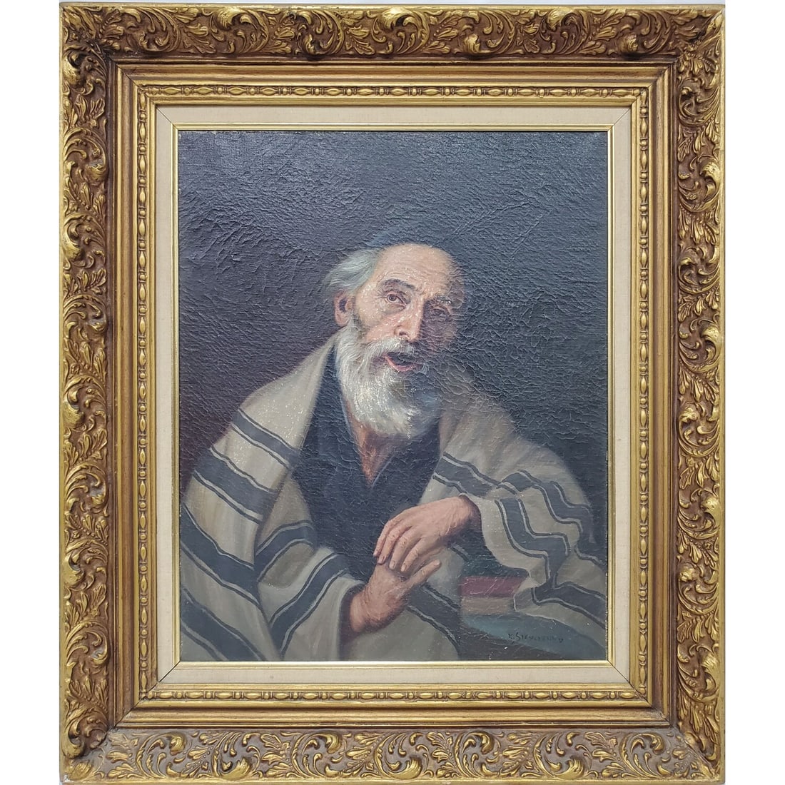 Konstantin Szewczenko (Polish, 1910-1991) Painting: Konstantin Szewczenko (Polish, 1910-1991) Judaica Painting of a Rabbi. Signed Lower Right. Probably In Original Frame. Condition: Generally Very Good w/ Heavy Craquelure. Dimensions: Sight- H- 19" x W
