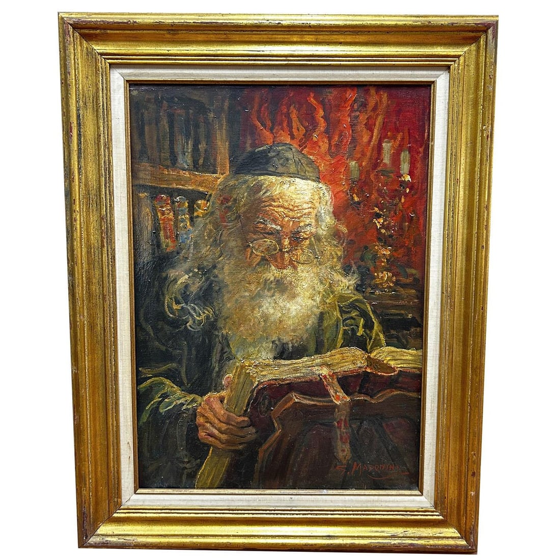 Giovanni Madonini (Italian, 1915 -1989): Giovanni Madonini (Italian, 1915 -1989) Large Judaica Painting Oil on Canvas "Rabbi Reading Torah". Signed Lower Right & Also on The Verso. In Original Frame. Condition: Excellent. Dimensions: Sight- 
