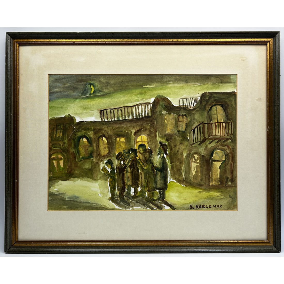 Simon Karczmar (1903 - 1982) Judaica Painting: Simon Karczmar (1903 - 1982) Judaica Painting, Watercolor on Paper "Prayers". Signed Lower Right. In Original Frame. Condition: Generally Very Good. Dimensions: Sight- W- 18" x H- 13" Frame- W- 25.5" 