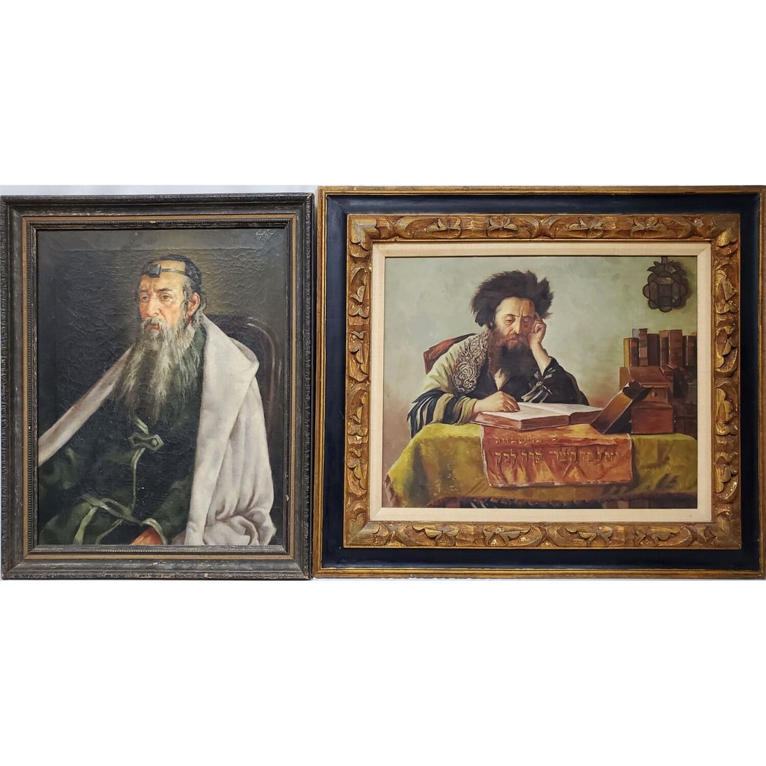 2 Vintage Judaica Signed Paintings: Lot of 2 Vintage Judaica Signed Paintings, Oil on Canvas "Rabbis". In Original Frames. Condition: Generally Good w/ Heavy Craquelure. Sold As Is. Dimensions: Larger Sight- H- 20" x W- 16" Frame- H- 28