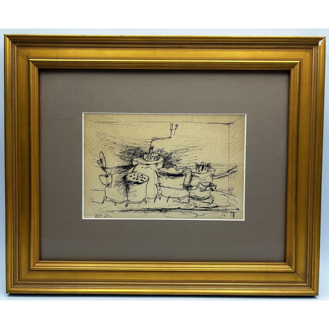 Yosl Bergner, Austrian (1920-2017) Ink Drawing: Yosl (Yosel) Bergner, Austrian (1920-2017) Drawing Ink on Paper "Kitchen" Signed Lower Left in Hebrew. Framed Under Glass. Has Not Been Examined Out of Frame. Condition: Generally Good w/ Some Yellowi