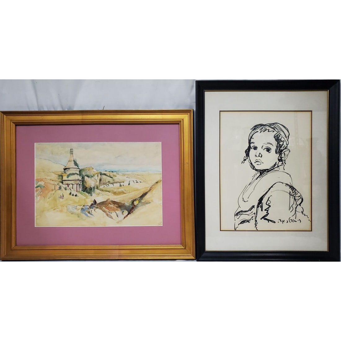 Lot of 2 Judaica Signed Paintings: Lot of 2 Judaica Signed Painting Including 1 Drawing Marker on Paper by Ed Adler Signed in Hebrew on Lower Right & 1 Watercolor on Paper of "Tomb of Avshalom" Signed Penina in Hebrew on Lower Right. B