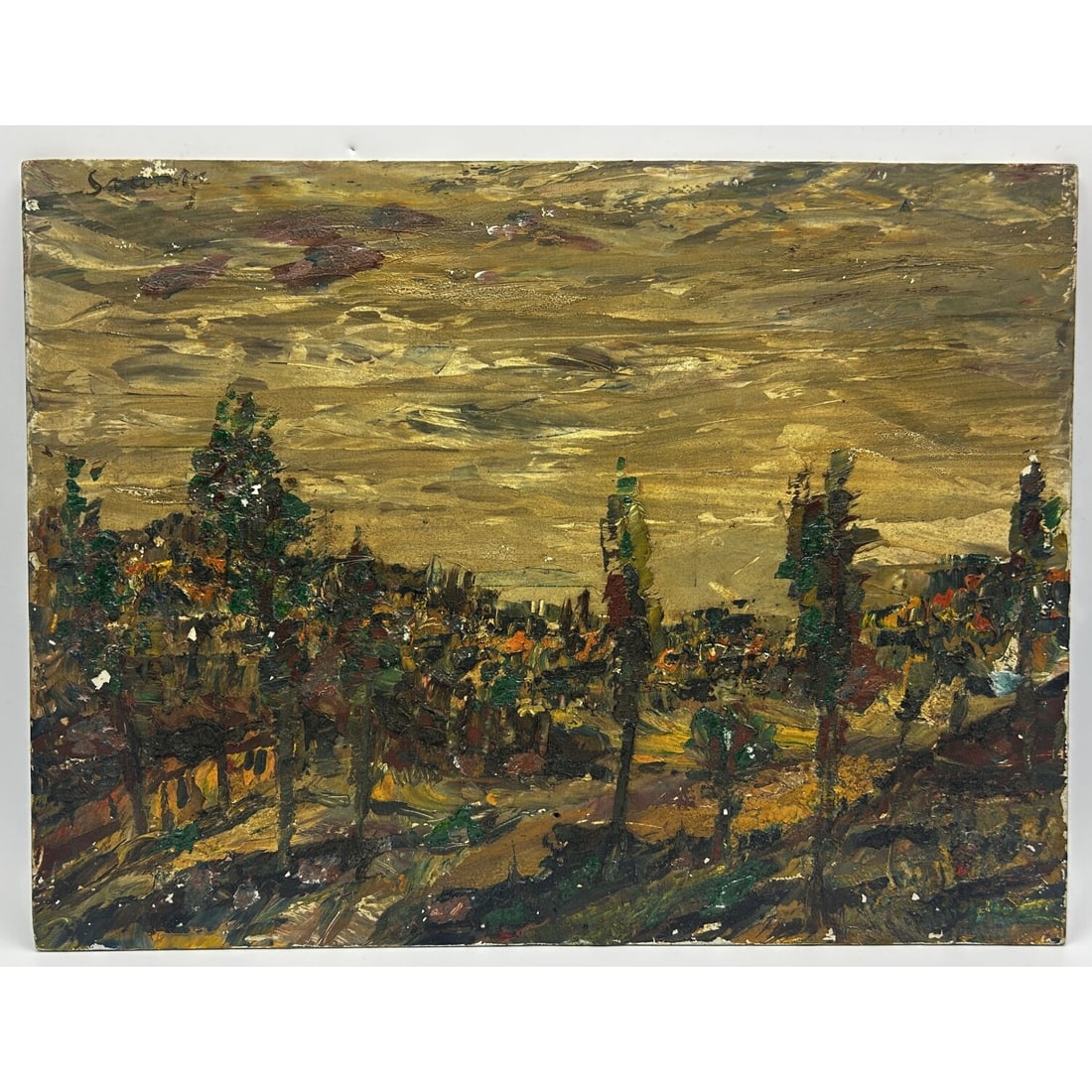 Haim Savitzky, Russian/Israeli (1907-2014) Oil: Haim Savitzky, Russian/Israeli (1907-2014) Painting Oil Board "Impressionistic Landscape" Signed Upper Left in English & in Hebrew on Verso. Unframed.Conditions: Generally Good w/ Some Small Paint Los