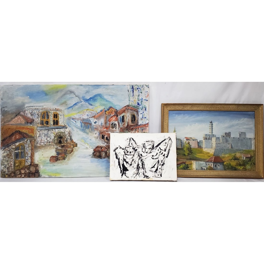 3 Signed Judaica Paintings Oil on Canvas: 3 Signed Judaica Paintings Oil on Canvas. All Are Signed in Hebrew. 1 is Framed. Conditions: Generally Good. Dimensions: Largest-31.5" x 20". Provenance: From a Long Island, NY Home. Please note the a