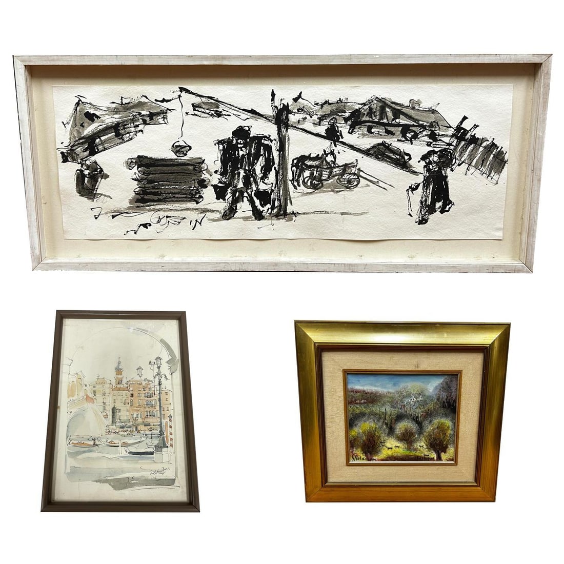 Lot of 3 Signed Paintings: Lot of 3 Signed Paintings Including 1 Oil on Board Signed in English & Hebrew, 1 is Watercolor on Paper Signed in Hebrew & The Other is a Watercolor View of Venice Signed Lower Right in English. 1 is 