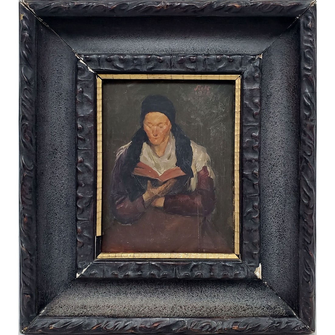 Signed Antique Painting Oil on Board: Signed Antique Painting Oil on Board "Woman Reading a Book". Signed Upper Right & Dated 1919. In Original Frame. Condition: Generally Good. Dimensions: Sight-10.75" x 8.25". Frame-19" x 16.5". Provena