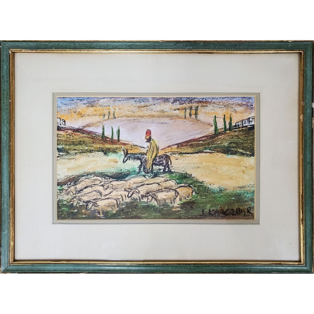 Simon Karczmar, Polish (1903-1982) Signed Drawing: Simon Karczmar, Polish (1903-1982) Signed Drawing Mixed Media on Paper "Traveling Shepherd". Signed Lower Right. In Original Frame Under Glass. Condition: Generally Very Good. Dimensions: Sight: 12" x