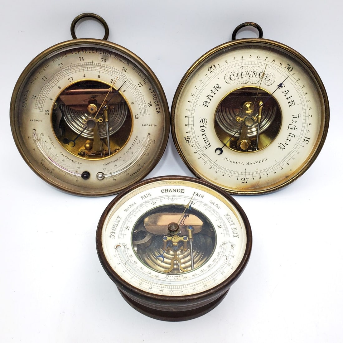 Lot of 3 Antique Brass Aneroid Barometers: Lot of 3 Antique Brass Aneroid Barometers. Condition: Generally Good. As Found. Please Note- We Do Not Guarantee the Workability of Old Clocks. Dimensions: Largest-Dia-6.5". Provenance: From a Long Is