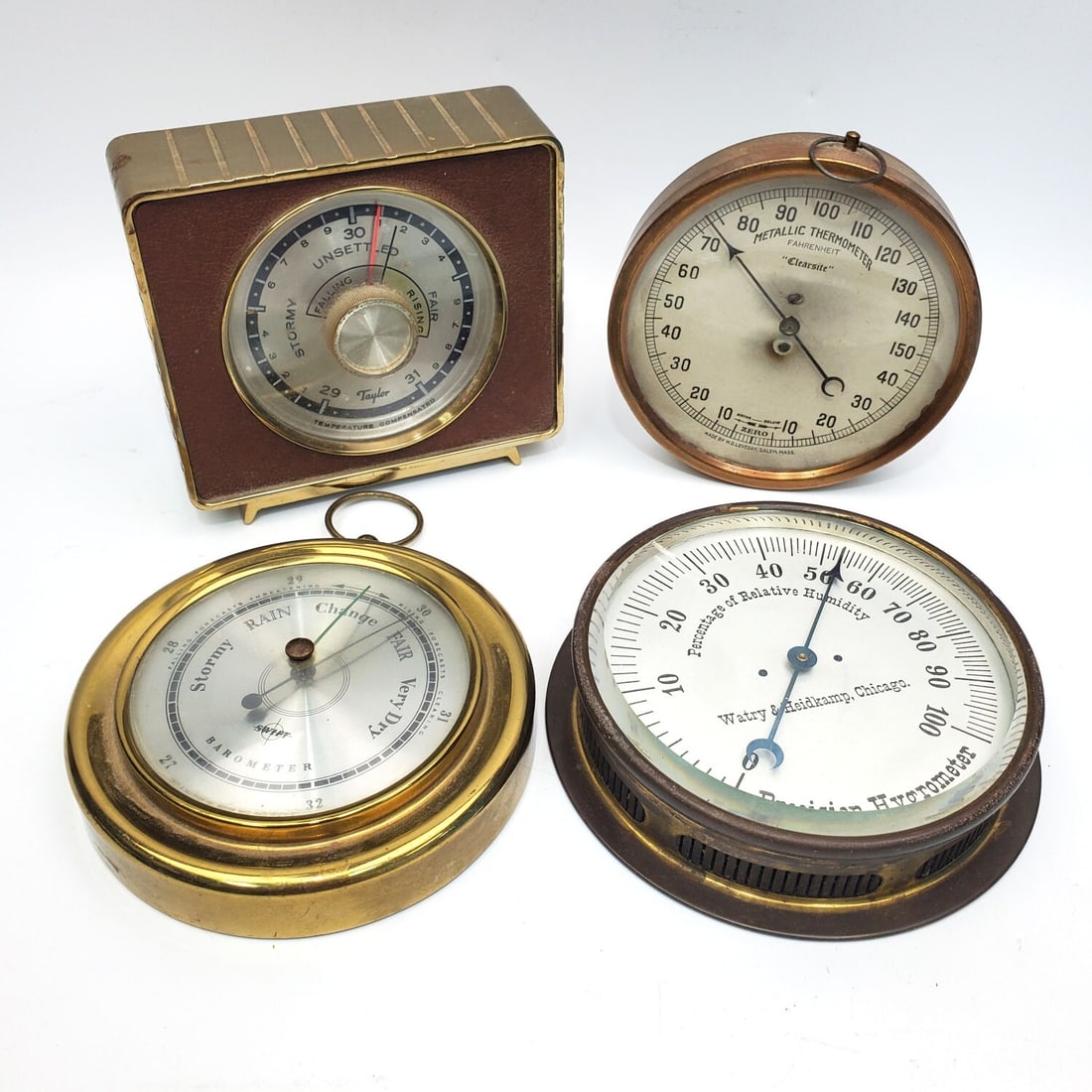 4 Antique Weather Forecasting Instruments: Lot of 4 Antique & Vintage Weather Forecasting Instruments Including Barometers, Thermometers & Hygrometers. Made by Taylor, Swift, Watry & Heidkamp & W. Gloveday. All Are Fully Marked. Condition: Gen
