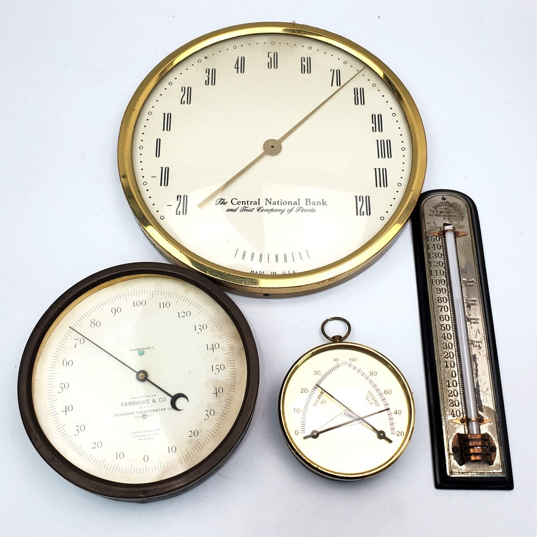 Lot of 2 Antique Thermometers: Lot of 2 Antique Thermometers Including 1 by The Standard Thermometer Co. Dated 1886 & 1 by Made For The Central National Bank c. Late 19th C. Along w/ a Vintage Thermometer by E. Bauscher & Son, Roch