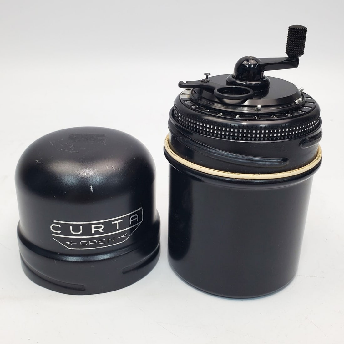 Vintage Curta Type 2 Mechanical Calculator: Vintage Curta Type 2 Mechanical Calculator by Contina Limited Mauren. Made in Liechtenstein. Designed by Curt Herzstark. Manufactured Between 1948-1972. Fully Marked. Serial Number 515978. In Original