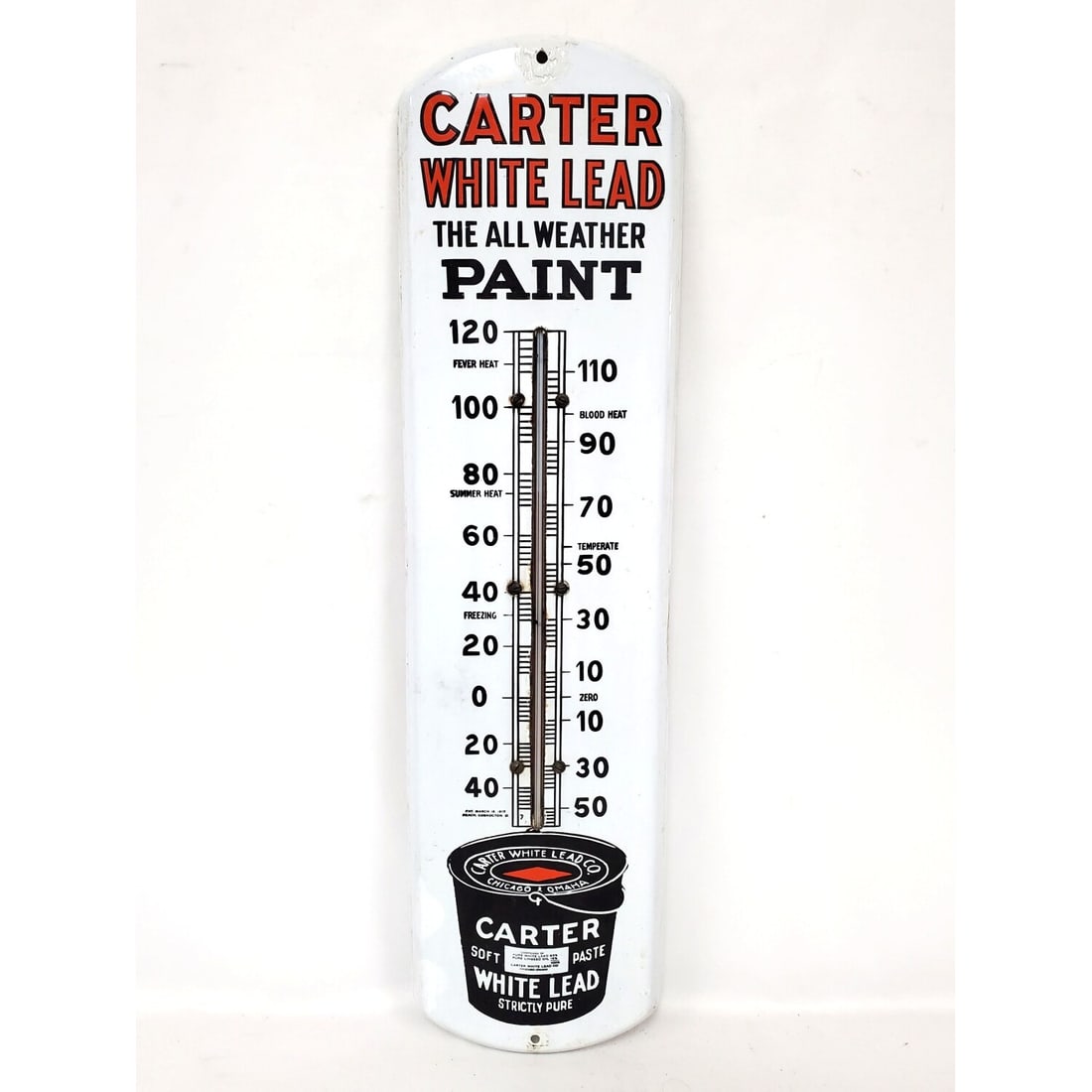 Antique Carter White Lead Paint Thermometer: Antique Carter White Lead Paint Enameled Porcelain Advertising Thermometer w/ Paint Bucket Graphic. Marked Pat. March 16, 1915. Condition: As Found. Dimensions: H-27.5" x W-7.25". Provenance: From a L
