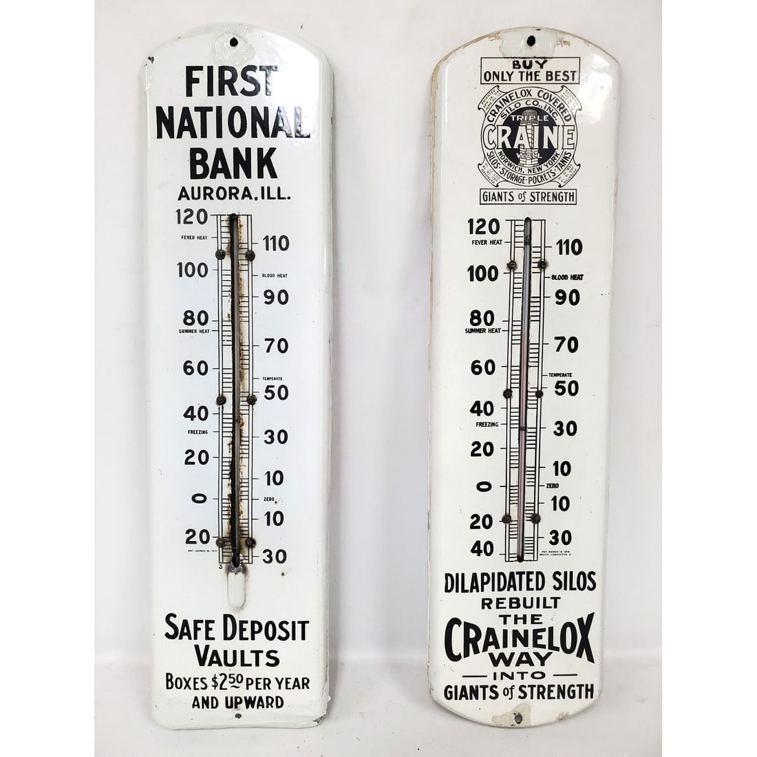 2 Antique Porcelain Advertising Thermometers: Lot of 2 Antique Porcelain Advertising Thermometers Including 1 For First National Bank & Another. Condition: As Found. Dimensions: H-27.5" x W-7.25". Provenance: From a Long Island, NY Home. Please n