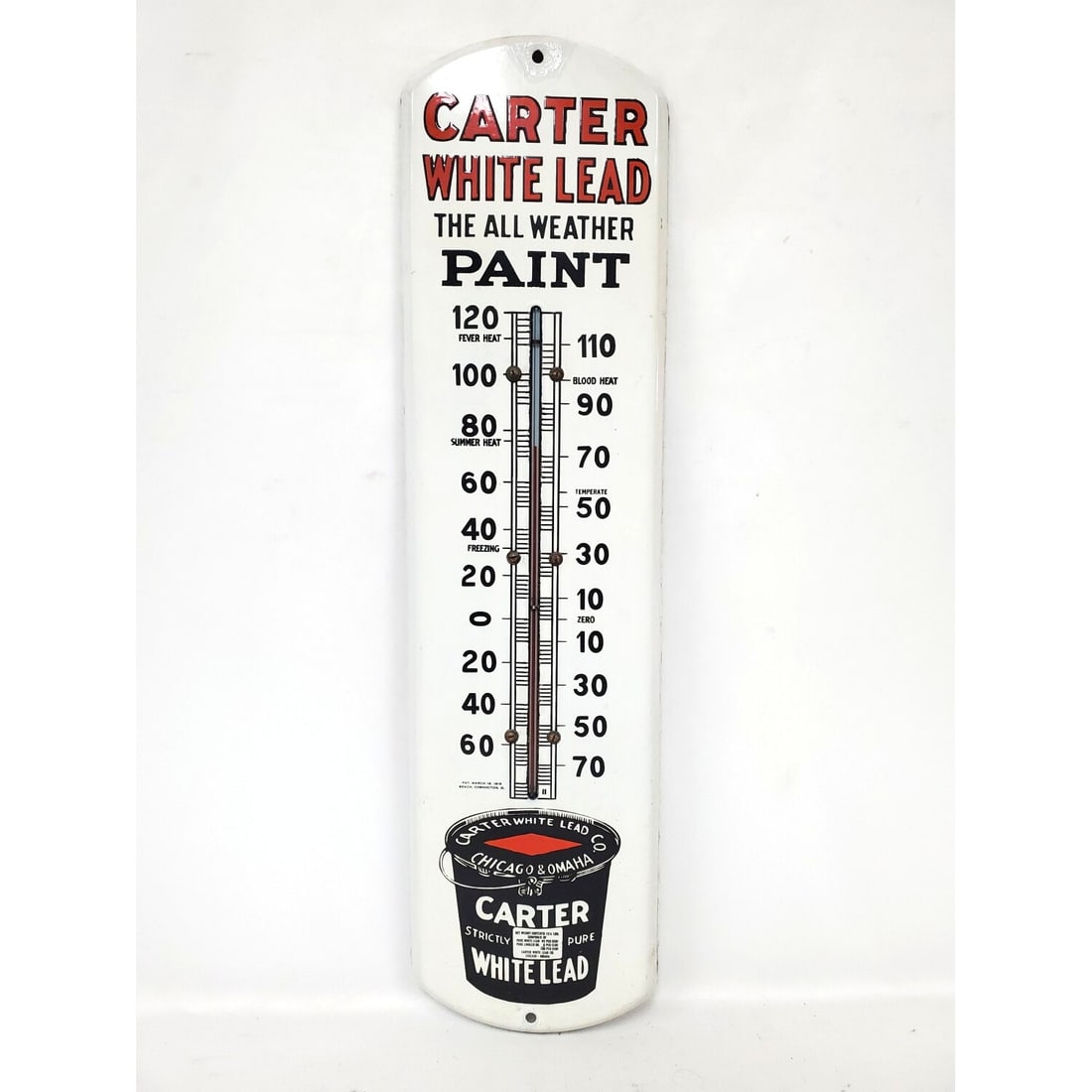 Antique Carter White Lead Paint Thermometer: Antique Carter White Lead Paint Enameled Porcelain Advertising Thermometer w/ Paint Bucket Graphic. Marked Pat. March 16, 1915. Condition: As Found. Dimensions: H-27.5" x W-7.25". Provenance: From a L