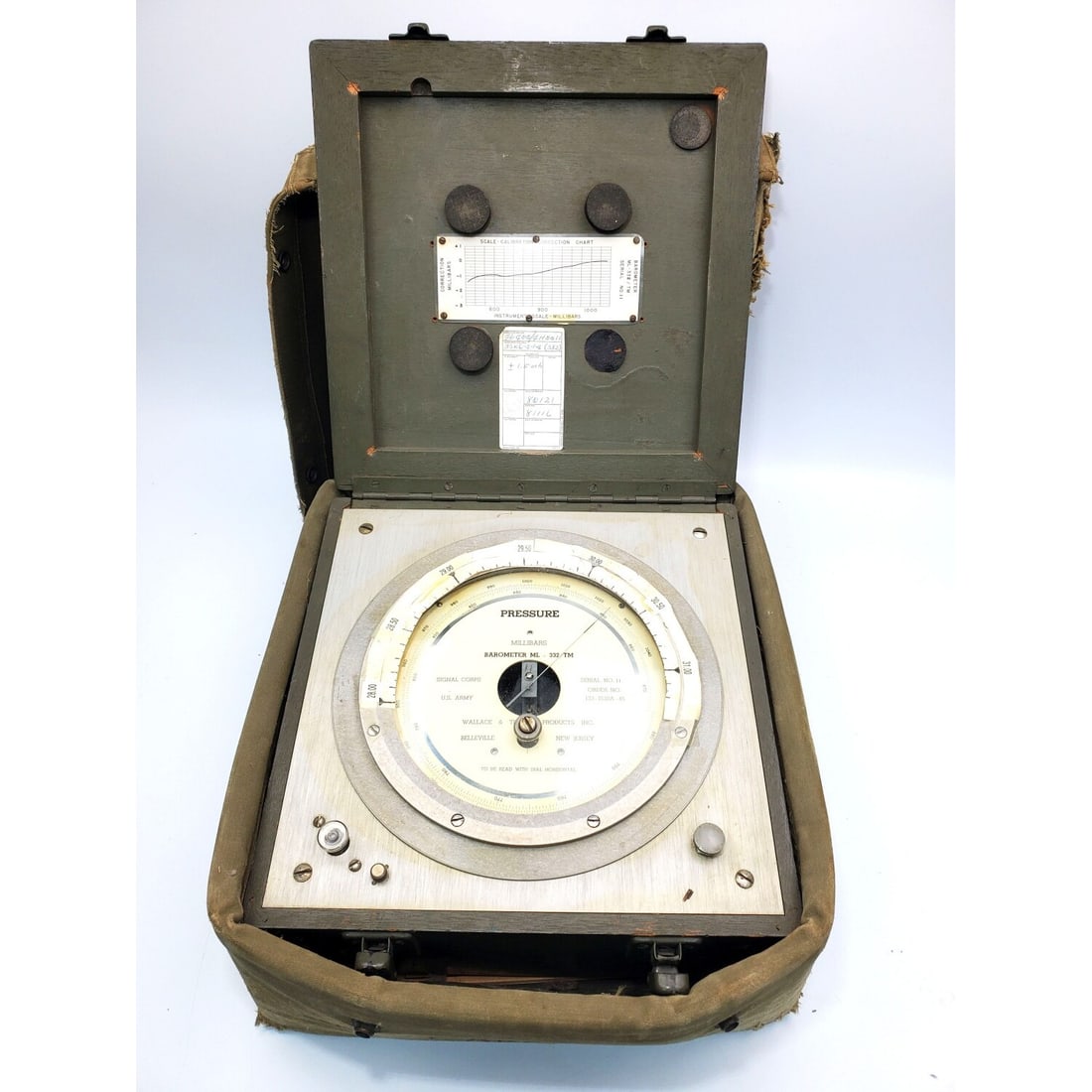 Wallace & Tiernan ML-102 U.S. Navy Barometer: Wallace & Tiernan ML-102 U.S. Navy Ship High-Precision Aneroid Barometer c.1940's. Belonging to General H.H. Arnold. In Original Case. Fully Marked. Condition: As Found. Dimensions: Case-12" x 12" x 6