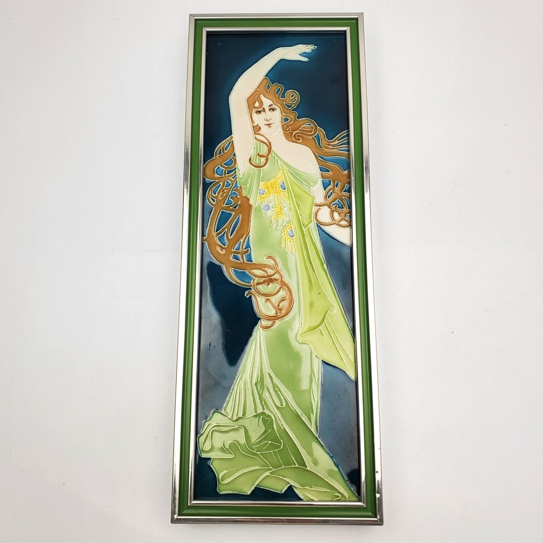 Art Nouveau Large Ceramic Framed Tile: Art Nouveau Large Ceramic Framed Tile of a Dancing Woman. In The Style of Carl Sigmund Luber. Condition: Excellent. Dimensions: Tile-14" x 4.5". Frame-15" x 5.5". Provenance: From a Long Island, NY Ho