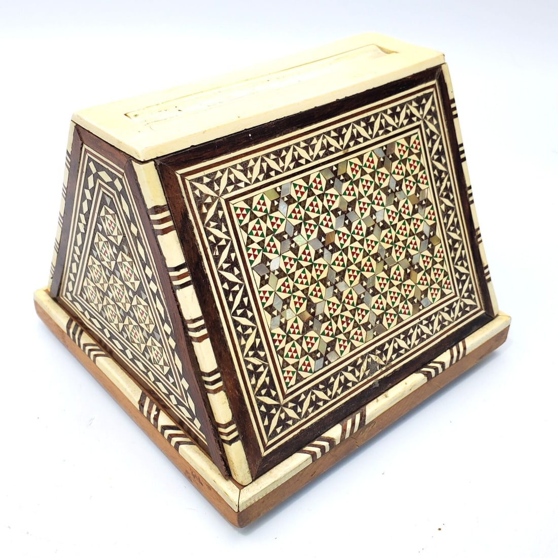 Vintage Persian Cigarette Dispenser: Vintage Persian Cigarette Dispenser w/ Geometric Marquetry w/ Mother of Pearl. Condition: Generally Good. As Found. Dimensions: L-5" x W-5" x H-4". Provenance: From a Long Island, NY Home. Please note