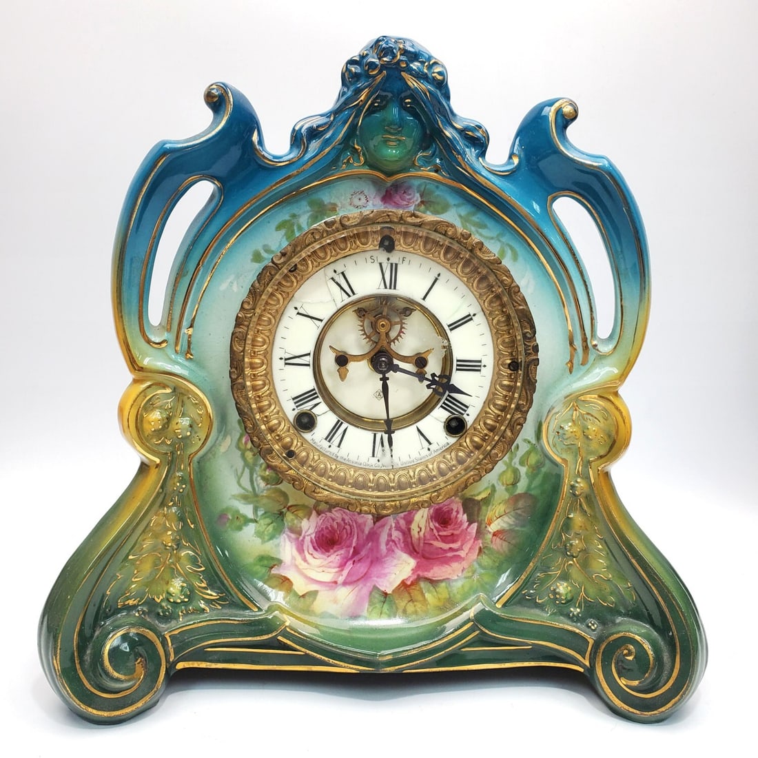 Antique Ansonia Royal Bonn Porcelain Mantel Clock: Antique Art Nouveau Ansonia Royal Bonn Porcelain Mantel Clock "La Chapelle". Fully Marked. Condition: Generally Good. Part of The Enamel Dial Has Been Restored. As Found. Please Note- We Do Not Guaran