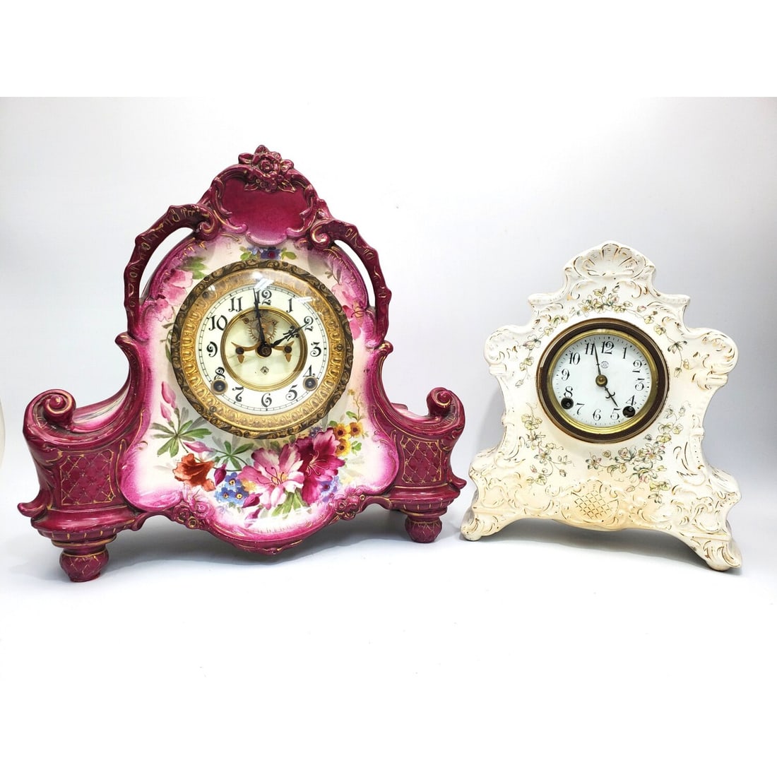 Antique Ansonia Royal Bonn Porcelain Mantel Clock: Antique Ansonia Royal Bonn Porcelain Mantel Clock. Along w/ a New Haven Porcelain Mantel Clock. Both Fully Marked. Condition: Generally Good. Both Have Old, Small Repairs. As Found. Please Note- We Do