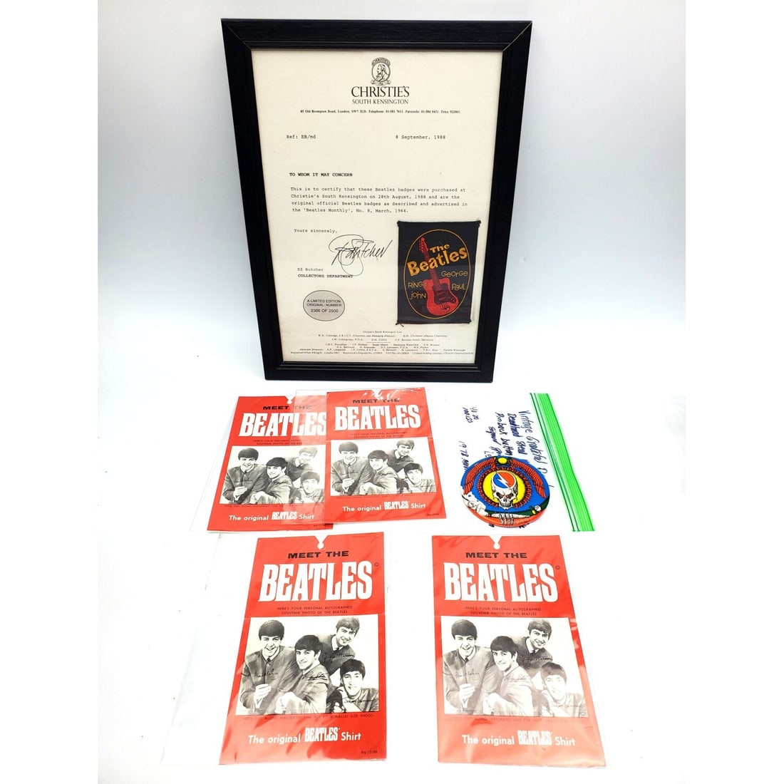 Rare Vintage Beatles 1964 Embroidered Badge: Rare Vintage Beatles 1964 Embroidered Badge Framed w/ COA by Christie's Auction House Dated September 8th,1988. These Badges Were Auctioned Off in a Limited Edition of 2500. This Badge is Numbered 238