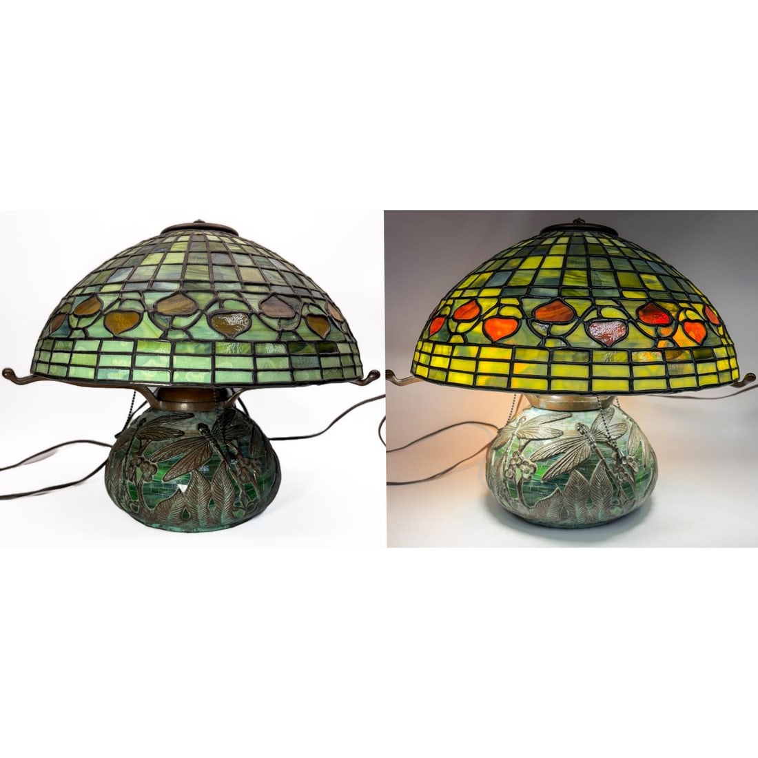 Fine Tiffany Style Leaded Art Glass Table Lamp: Fine Tiffany Style Leaded Art Glass Table Lamp. The Shade is an Acorn Pattern & The Base Has Dragonflies w/ Glass Inserts. Condition: Generally Very Good. Please Note- We Do Not Guarantee the Workabil