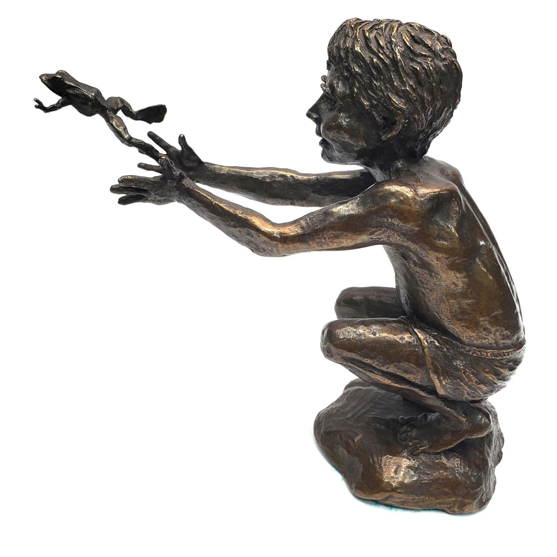 Mark Hopkins, American (20/21st Century) Bronze: Mark Hopkins, American (20/21st Century) Patinated Bronze Figure "Benjamin" Depicting A Young Boy Reaching For a Small Jumping Frog Circa 1990. Fully Signed & Dated w/ Edition Number. Comes w/ Origina