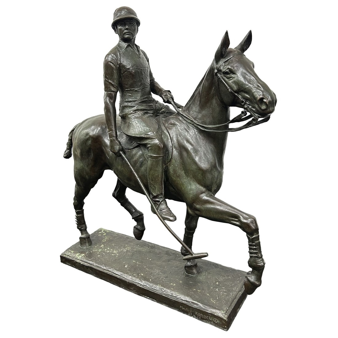 Mario Korbel, Czechoslovakian (1882-1952) Bronze: Mario Korbel, Czechoslovakian (1882-1952) Large Bronze Sculpture of a Polo Player. Fully Signed & Numbered 19-32. Condition: Generally Very Good. Dimensions: L-25" x H-27". Provenance: From a Long Isl