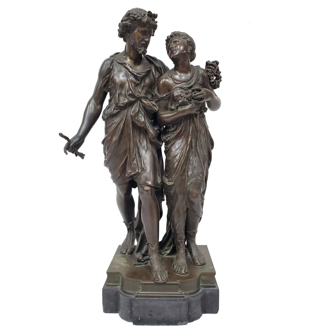 Etienne-Henri Dumaige, French (1830-1888) Bronze: Etienne-Henri Dumaige, French (1830-1888) Large Bronze Sculpture "Roman Man & Woman" c.1880. Fully Signed. On Original Black Marble Base. Condition: Generally Very Good. Marble Base Has a Couple of Ch