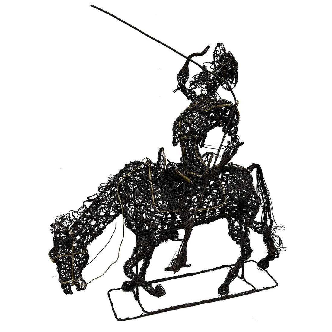 Rare Vintage 1960s MCM Brutalist Wire Sculpture: Rare Vintage 1960s Mid-Century Modern Brutalist Bronzed Wire Sculpture Depicting Don Quixote on a Horse. Condition: Generally Good. Dimensions: H-22" x L-20". Provenance: From a Long Island, NY Home.P