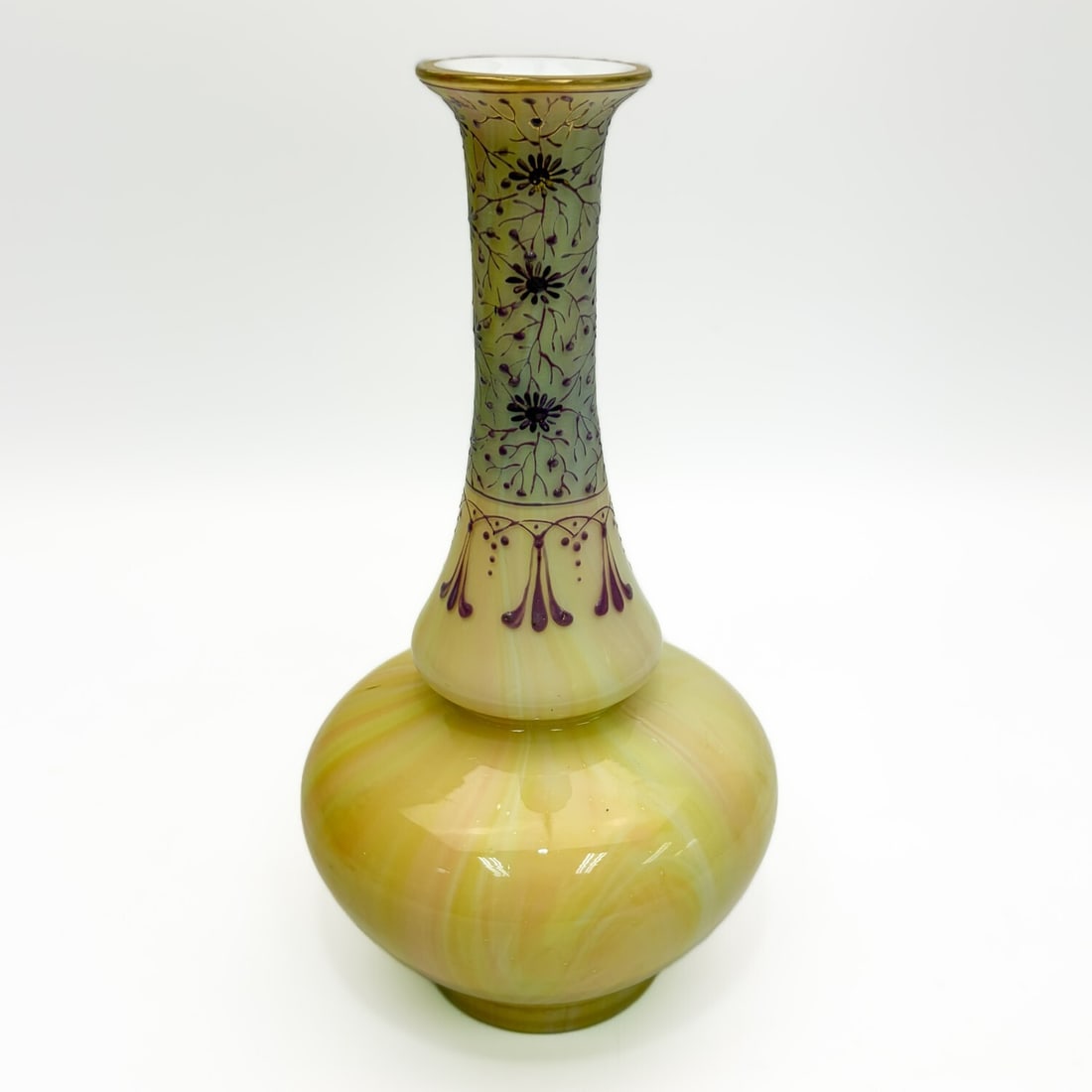 Antique 19th C. Bohemian Enameled & Marbled Vase: Antique 19th C. Bohemian Enameled & Marbled Art Glass Gourd Shape Vase Attributed to Franz Welz or Harrach. Condition: Generally Very Good. Dimensions: H-9.75" x Dia-5.25". Provenance: From a Long Isl