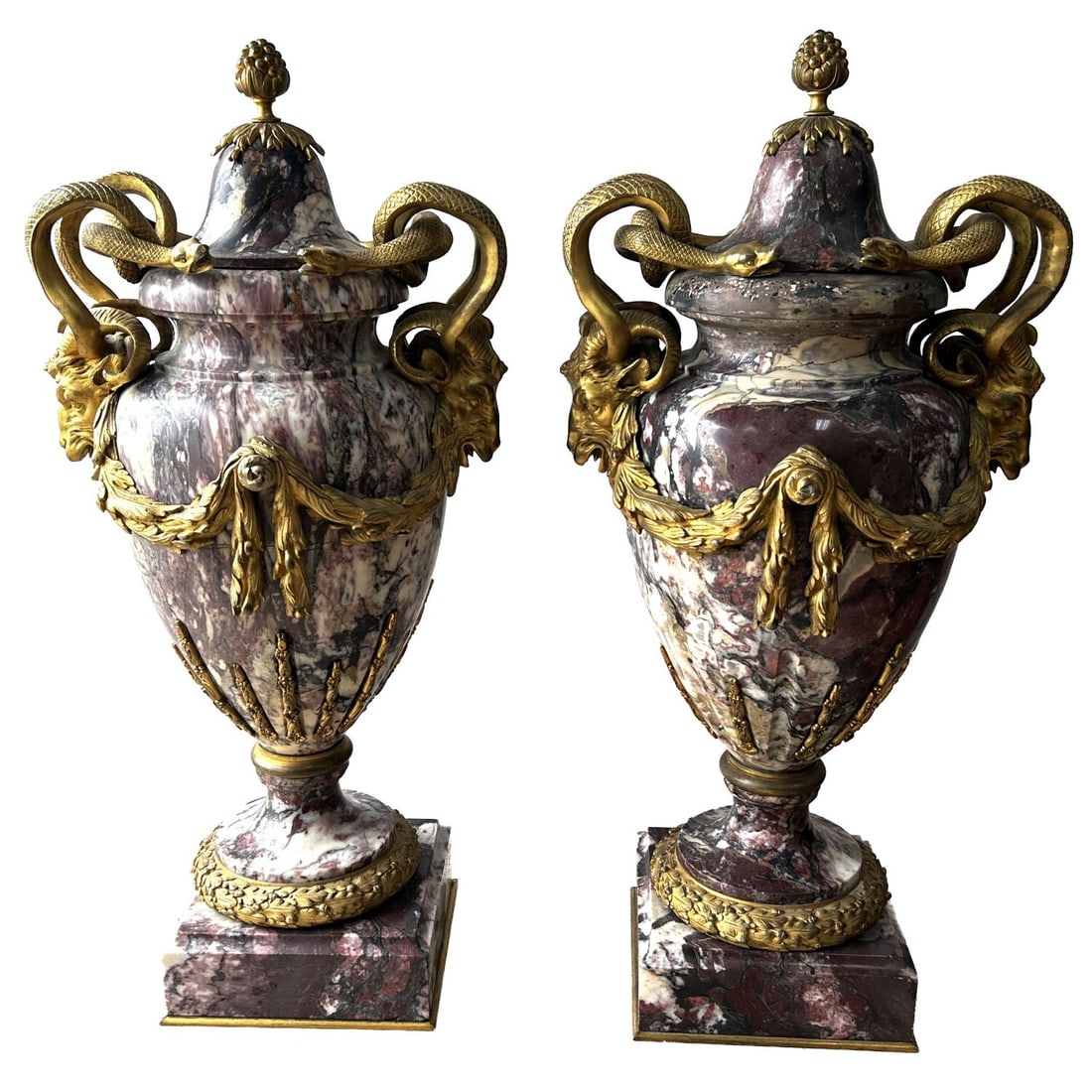 Pair of Antique 19th C. Marble & Dore Bronze Urns: Monumental Pair of Antique 19th C. Marble & Dore Bronze Covered Urns Depicting Snake Handles & Rams Heads. Exceptional Quality. Extremely Heavy. Condition: Generally Good. Bases may Have Old Small Rep