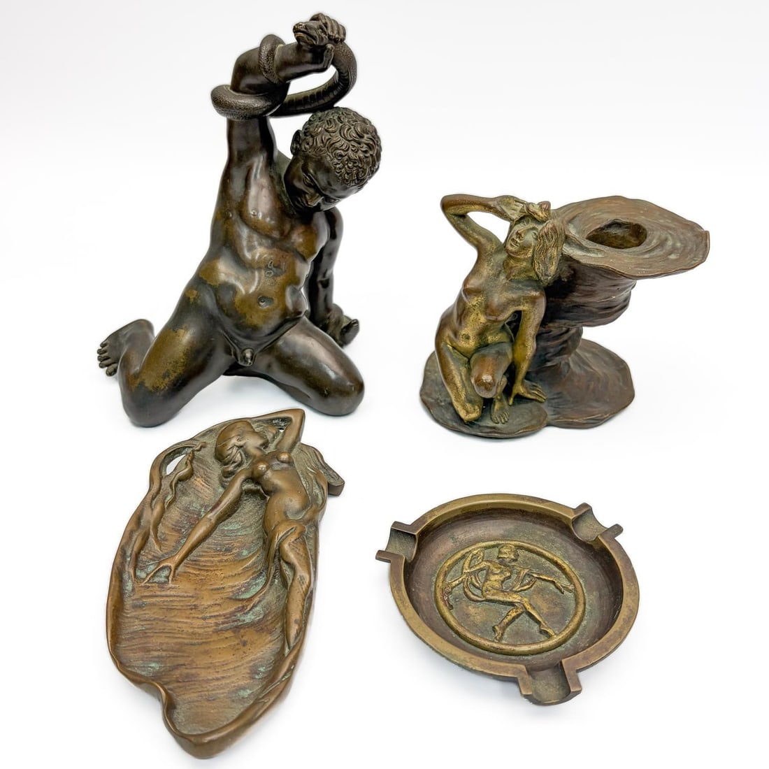 Lot of 4 Antique Bronze Items: Lot of 4 Antique Bronze Items Including 2 Figures & Others. All c.1900-1920's. One Figure is Signed. Condition: Generally Good. As Found. Dimensions: Tallest-H-7". Provenance: From a Westchester Count