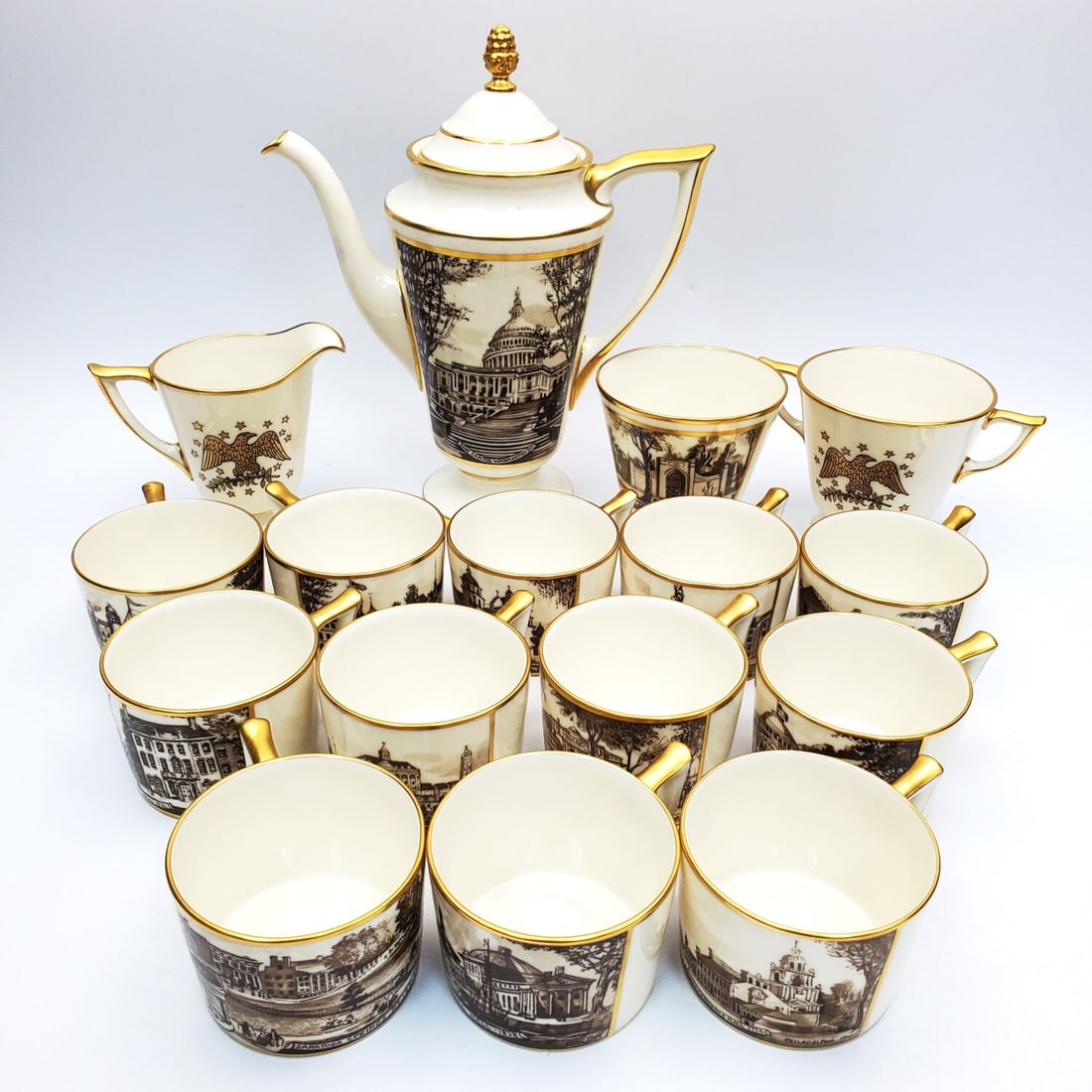 16 Antique Lenox Historical Porcelain Tea Set 1933: 16 Piece Antique Lenox Historical Minga Pope Patchin Porcelain Tea Set c.1933 Including 1 Tea Pot, 12 Tea Cups, 1 Creamer & 2 Others. 16 Pieces TotalCondition: Generally Very Good. Dimensions: Largest