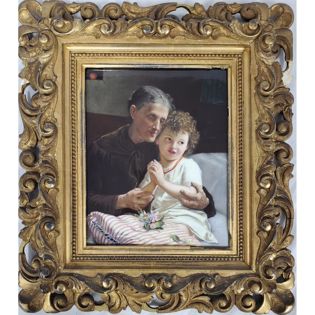 KPM Antique Porcelain Plaque "Grandmother & Child": KPM Antique Porcelain Plaque "Grandmother & Child" In Original Frame. Fully Marked. Condition: Generally Very Good. Dimensions: Sight H- 9.25" x W- 7.5" Frame H- 16" x W- 14.25". Provenance: From a Lo