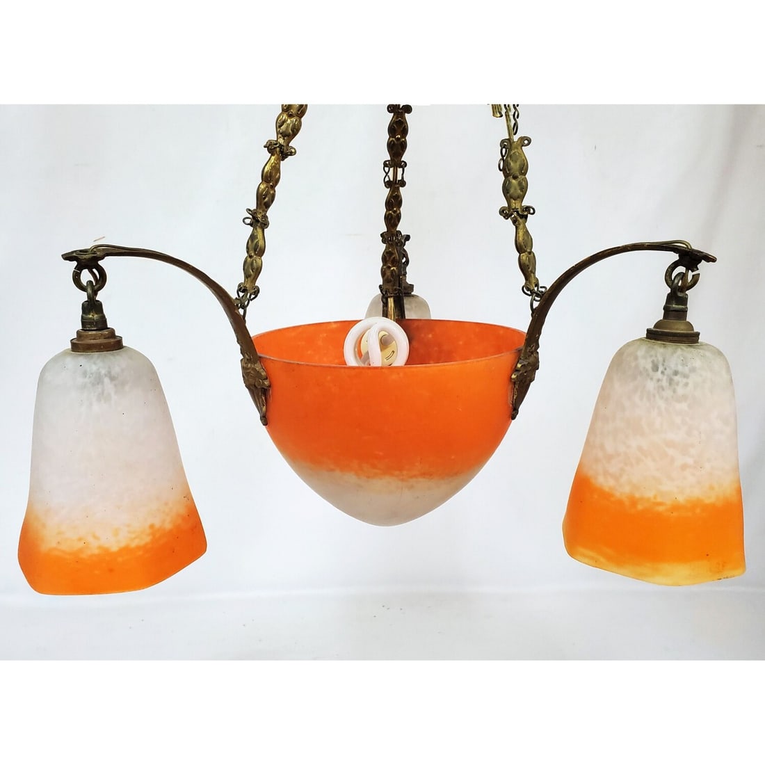 Signed Art Deco French Glass & Bronze Chandelier: Signed Art Deco French Glass & Bronze Chandelier. Condition: Generally Good. Please Note- We Do Not Guarantee the Workability or Wiring of Any Lamps or Chandeliers.Dimensions: Total H-34" Including Ch