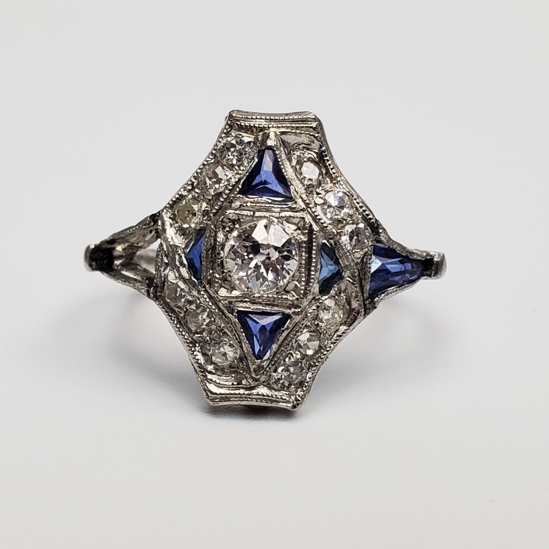 Art Deco Platinum Diamonds & Sapphire Ring: Art Deco Platinum Diamonds & Sapphire Ring. Please Note- Due to Recent Fraudulent Activity, All Jewelry Items Purchased by New Customers Cannot Be Shipped Out Until 3 Weeks After The Auction Date. Con