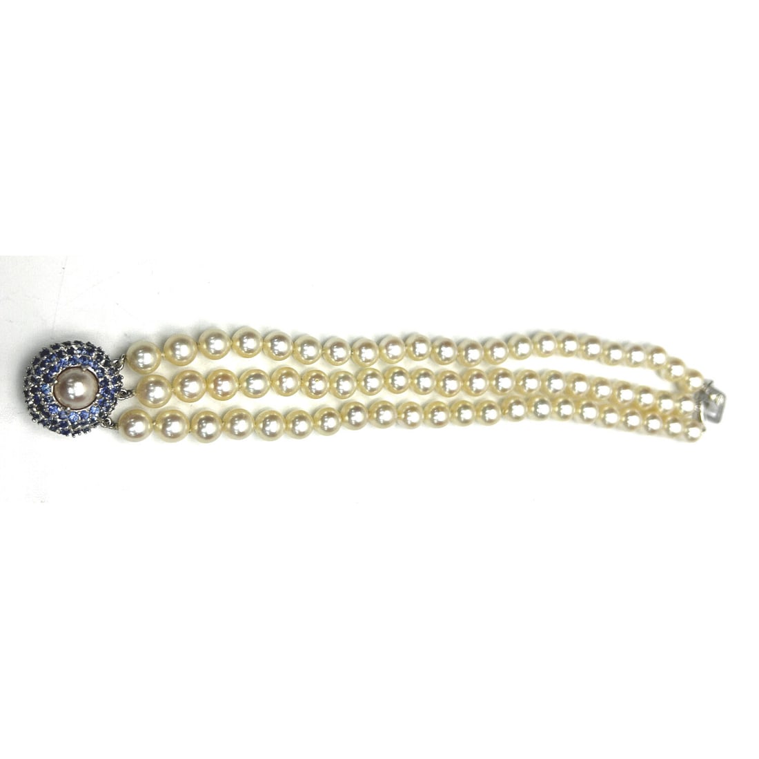 14K White Gold, Sapphire & Pearl 3-Strand Bracelet: Unusual 14K White Gold, Sapphire & Pearl Triple Strand Bracelet. Please Note- Due to Recent Fraudulent Activity, All Jewelry Items Purchased by New Customers Cannot Be Shipped Out Until 3 Weeks After 