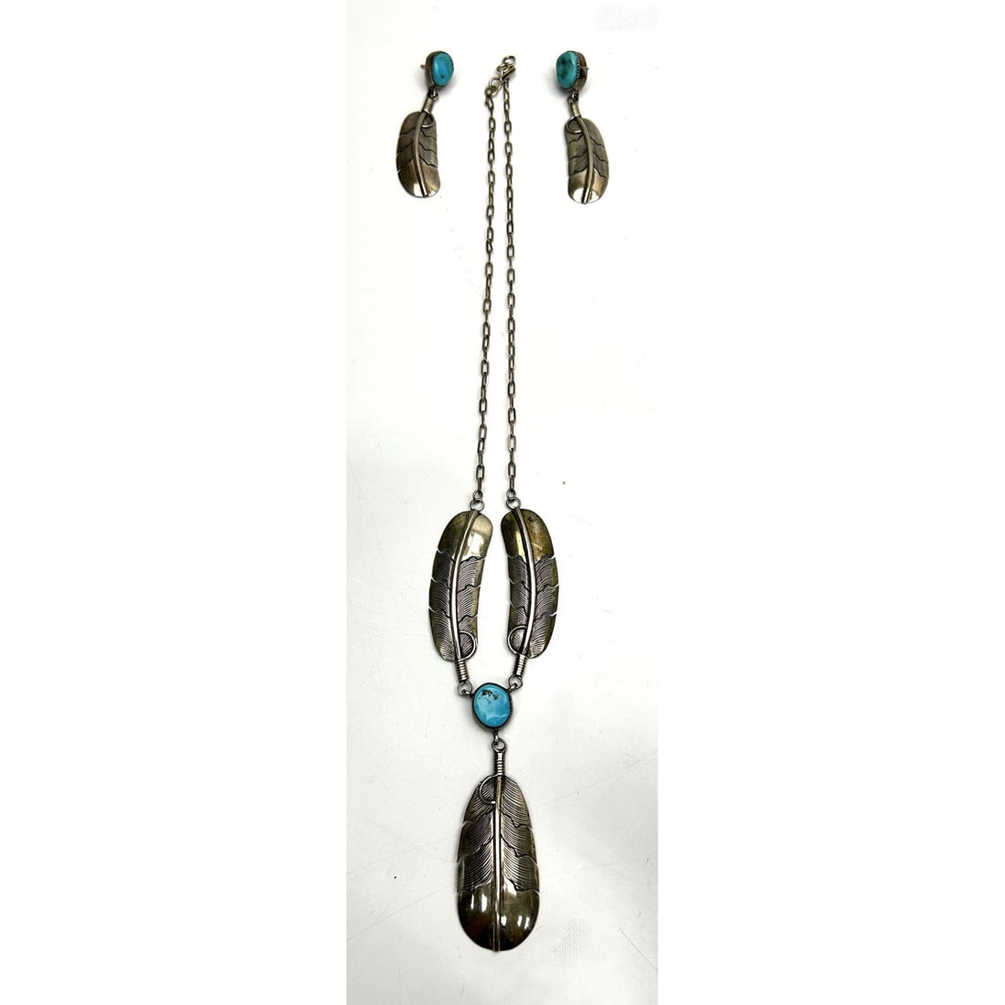 3 Piece Navajo Sterling Silver Turquoise Jewelry: 3 Piece Navajo Native American Sterling Silver Turquoise Jewelry Set. Signed "LL". Including a Necklace & a Pair of Earrings. Please Note- Due to Recent Fraudulent Activity, All Jewelry Items Purchase