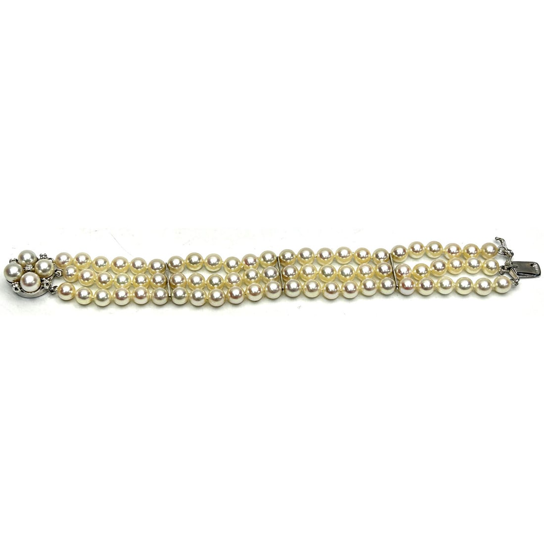 14K White Gold, Diamond & Pearl 3-Strand Bracelet: 14K White Gold, Diamond & Pearl Triple Strand Bracelet. Please Note- Due to Recent Fraudulent Activity, All Jewelry Items Purchased by New Customers Cannot Be Shipped Out Until 3 Weeks After The Aucti