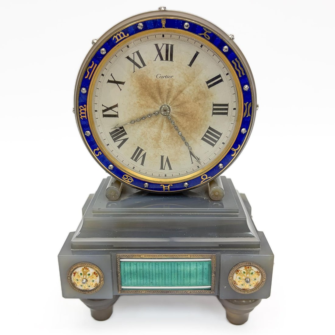 Rare Cartier Art Deco 1920's Desk Clock: Rare Cartier Art Deco Desk Clock c.1920's. The Body is Made of Carved Jade w/ 18K Gold & Diamonds. Blue Enamel Bezel w/ Zodiac Symbols. The Face is Fully Marked Cartier & The Base is Marked "Paris 154